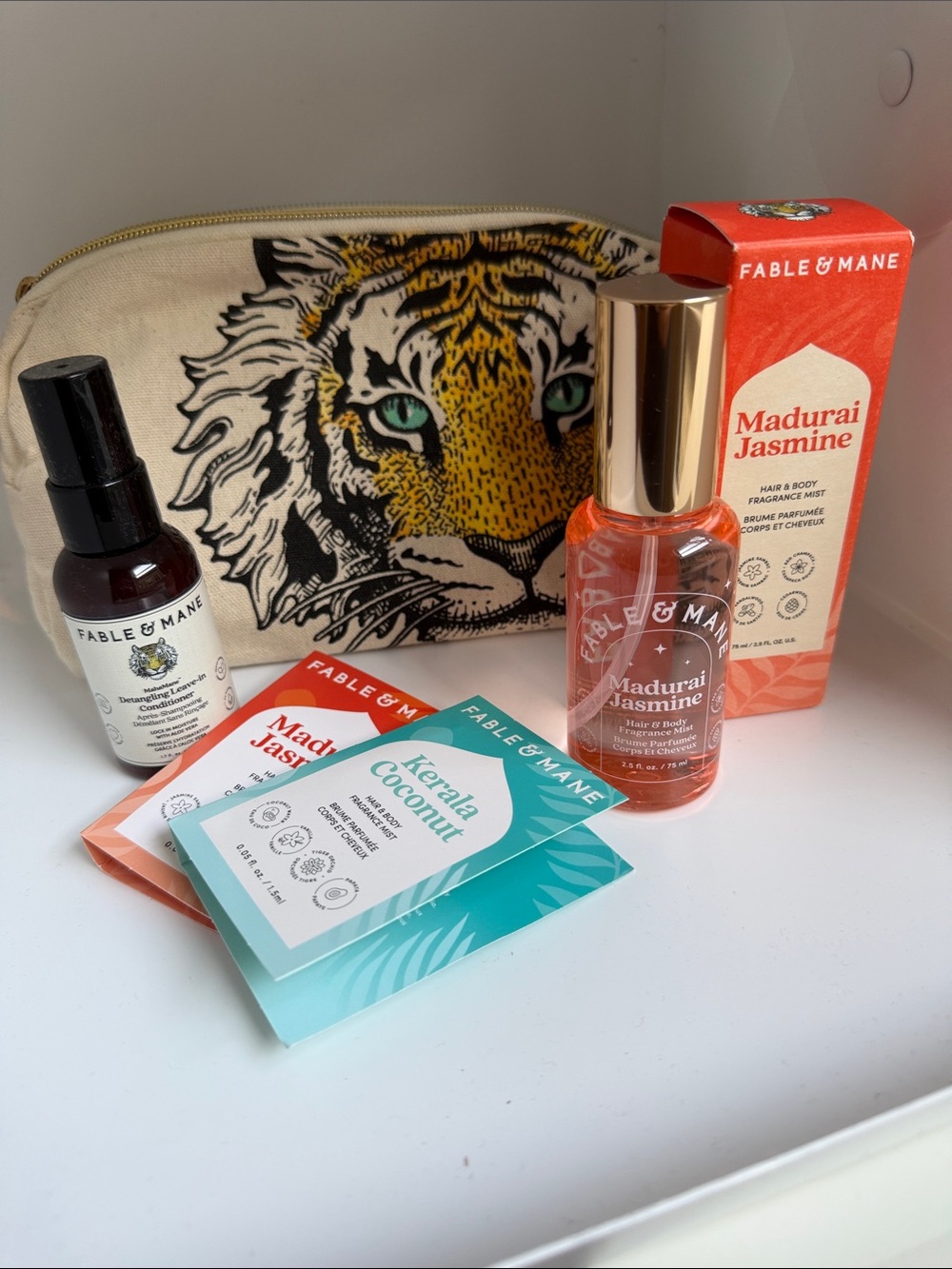 NIB/ NWT Fable & Mane Pouch Set: Madurai Jasmine Mist, Leave-In & Perfume